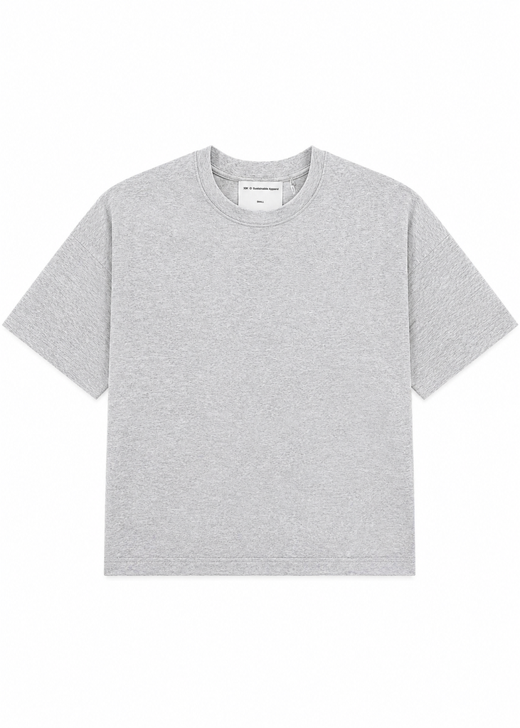 Graues T-Shirt mit Rundhalsausschnitt, kurzen Ärmeln und lockerer, leicht verkürzter Passform