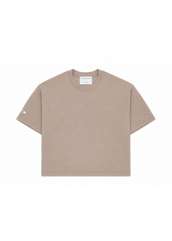 Beiges T-Shirt mit Rundhalsausschnitt, kurzen Ärmeln und leicht verkürzter, lockerer Passform