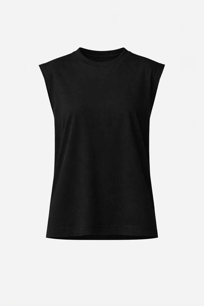 schwarzes ärmelloses Damen-Top mit Rundhalsausschnitt und breiten Schultern, locker geschnitten, mit feiner Ziernaht am Kragen, freigestellt vor hellem Hintergrund.